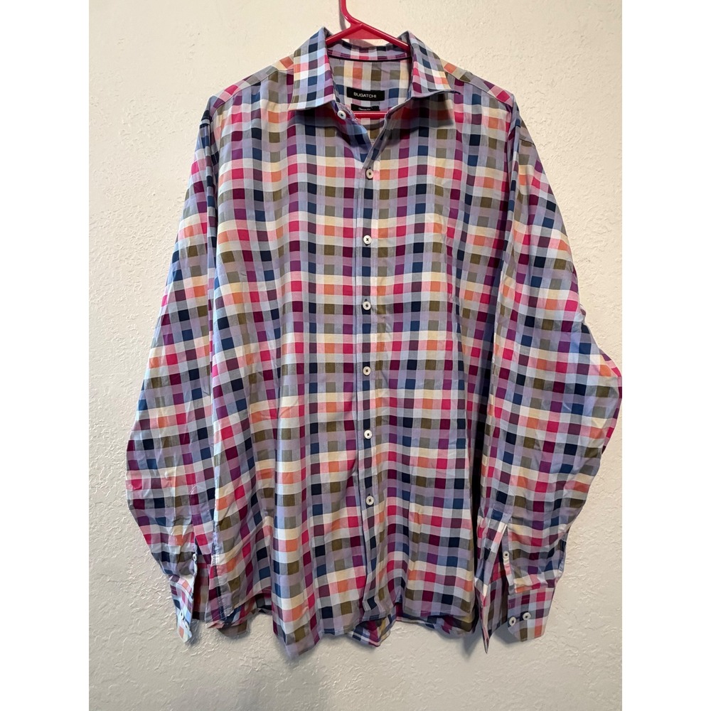 Bugatchi Mens Classic Fit Long Sleeve Button Down Shirt Berry Check Plaid Large